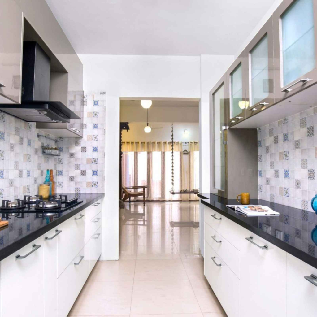 Contemporary modular kitchen interior design Bangalore with designer backsplash - Elegante Interiors