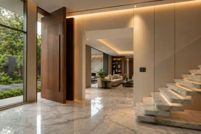 Hidden luxury craftsmanship details inside a premium Bengaluru villa featuring a pivot door, shadow gap panelling, seamless marble flooring and warm architectural lighting.