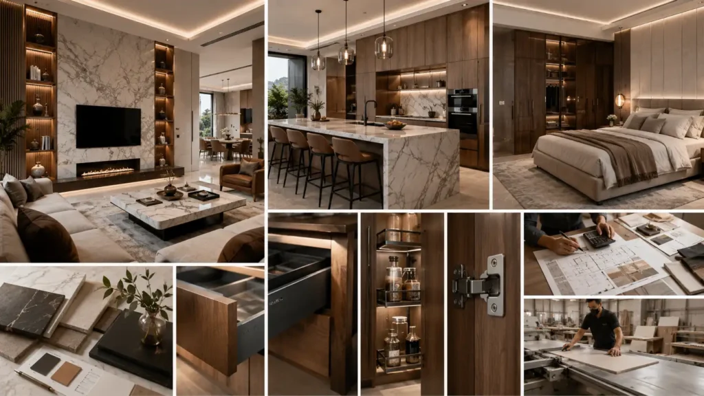Luxury residential interior design collage showcasing a complete premium home execution with marble-clad living spaces, designer modular kitchen, elegant master bedroom, curated material selections, premium drawer and hinge systems, detailed project planning, and custom furniture manufacturing for high-end Bangalore homes.