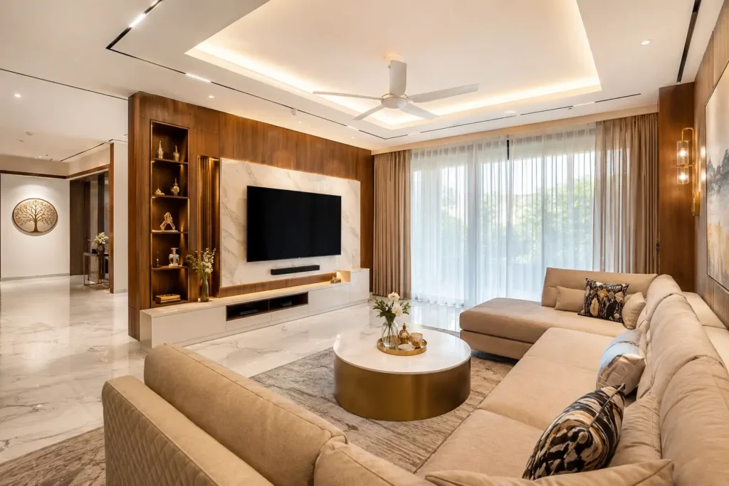 Completed 4BHK luxury villa interior in Whitefield Bangalore featuring Makrana marble flooring, teak veneer wall panels and premium modular furniture