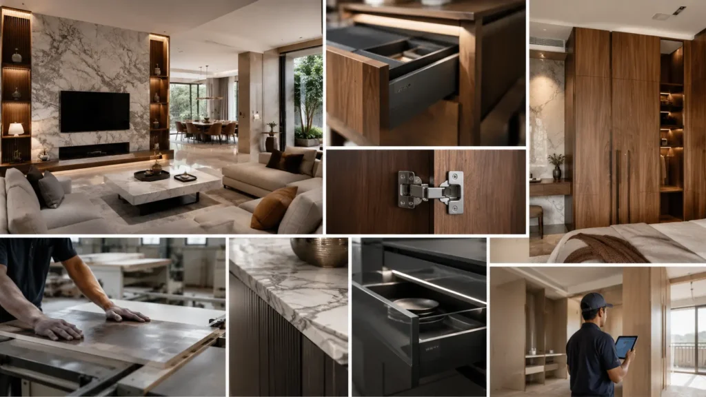 Luxury interior design and custom furniture manufacturing collage featuring a premium Bangalore villa with Makrana marble feature walls, teak veneer cabinetry, soft-close modular storage systems, precision-crafted wardrobes, high-end hardware details, dedicated site supervision, and in-house furniture production for bespoke residential interiors.