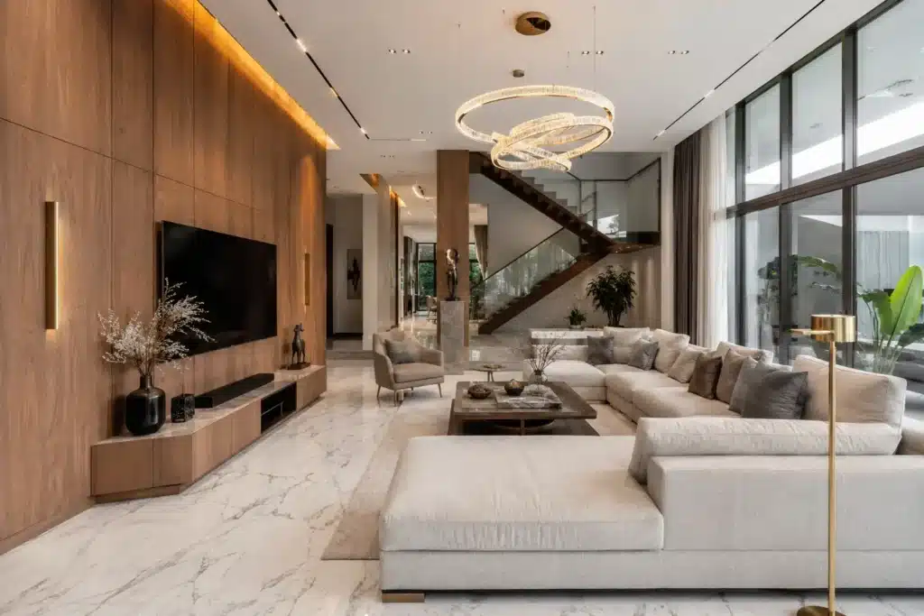 Best luxury interior designer in Bangalore showcasing a premium villa living room with Makrana marble flooring, teak veneer wall panels, designer furniture, and ambient lighting