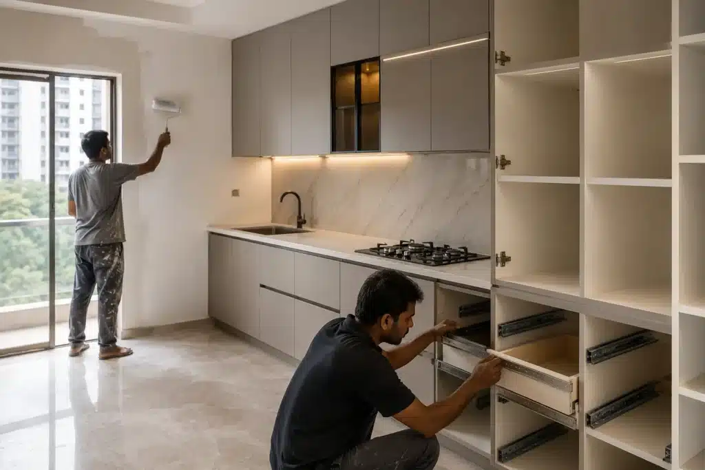 Carpenter installing a modular kitchen with BWR pre-laminated plywood carcasses, anti-fungal wall primer, and premium soft-close hardware in a Bangalore apartment.