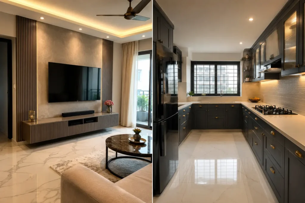 Elegante Interiors 3BHK cost completed living room and modular kitchen in Koramangala Bangalore apartment