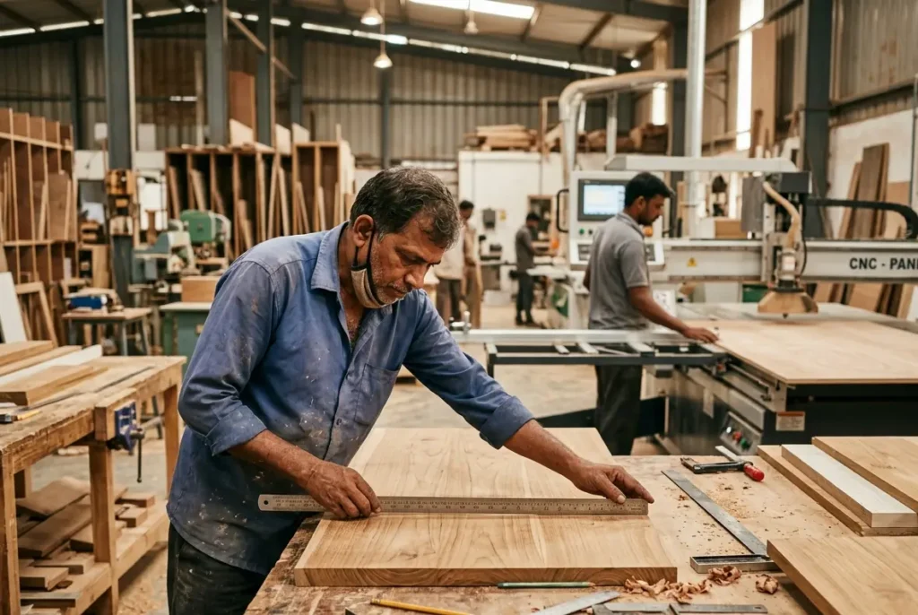 Craftsmen at work inside the Elegante Interiors modular factory in Bangalore