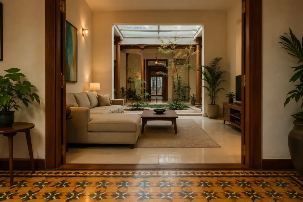 Elegante Interiors Bangalore Jayanagar villa renovation with restored Athangudi tiles and teak veneer wardrobe design