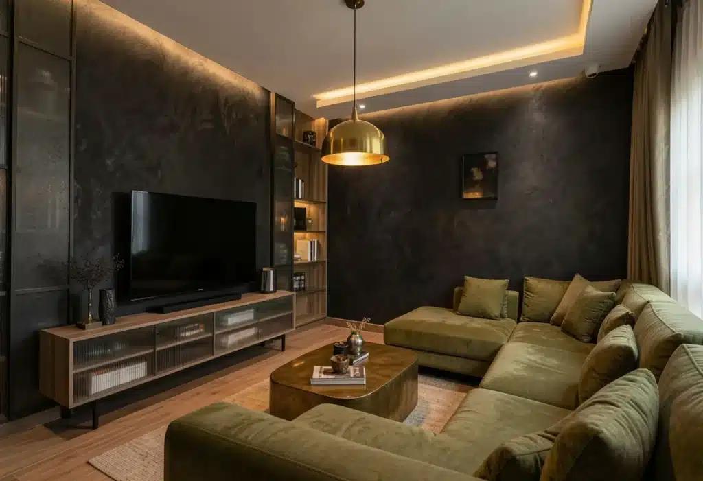 Elegante Interiors Koramangala bold dark accent wall with brass fixtures and open-plan living room design