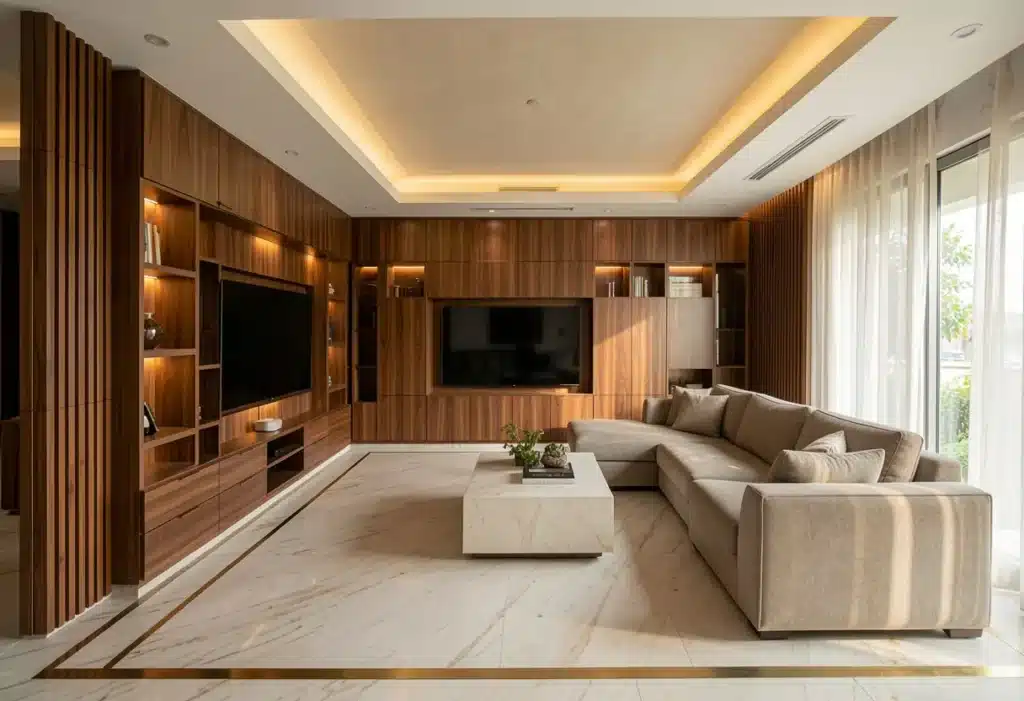 Completed luxury living room by Elegante Interiors in Whitefield Bangalore with cove ceiling, custom TV wall and Makrana marble floors 