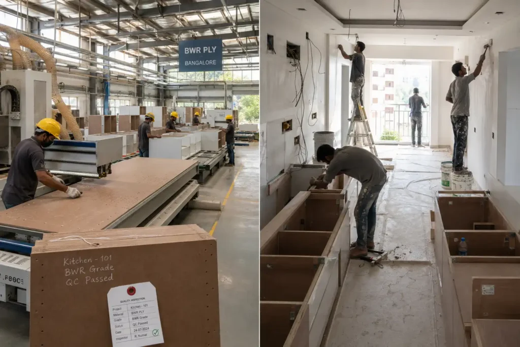Elegante Interiors in-house modular furniture manufacturing unit in Bangalore with CNC cutting of kitchen carcasses and quality inspection