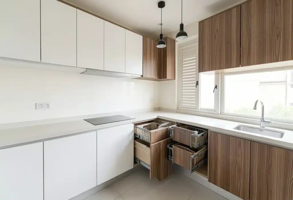 Elegante Interiors Whitefield parallel modular kitchen with Hafele basket systems and premium quartz countertop