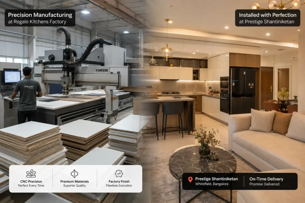 Factory-built modular kitchen components transitioning into a completed luxury living room and modular kitchen in a Bangalore apartment delivered in 45 days.