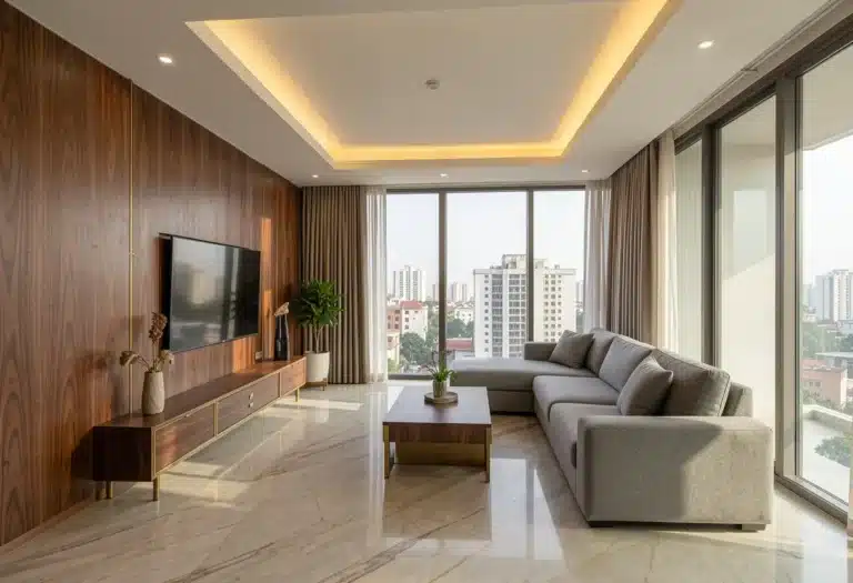 Home interior design in Bangalore — luxury living room with cove ceiling, Makrana marble flooring and custom teak veneer TV unit by Elegante Interiors