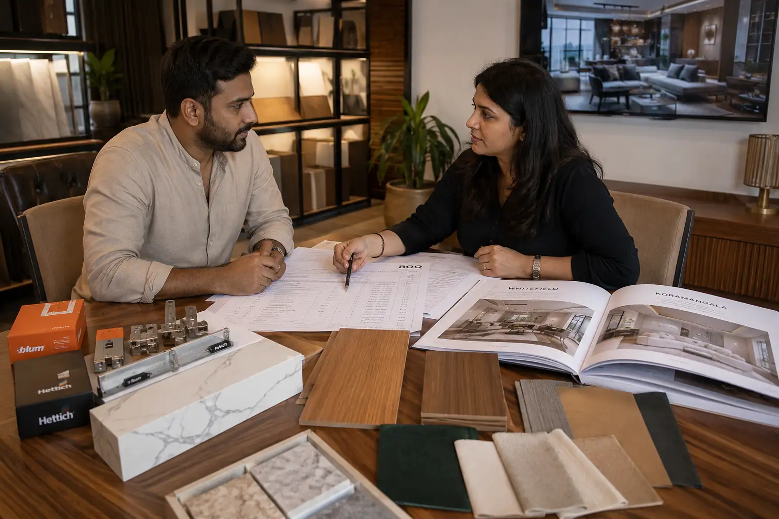 Homeowner reviewing BOQ, material samples, and luxury interior specifications with a luxury interior designer in Bangalore