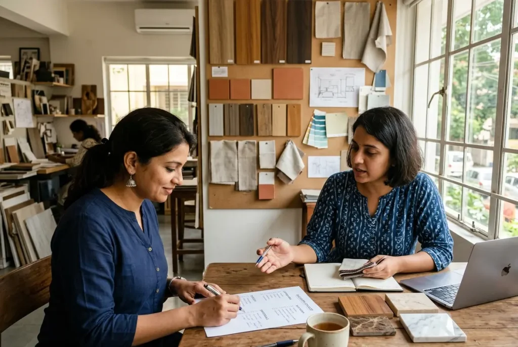 Homeowner using an evaluation checklist when comparing luxury interior designers in Bangalore