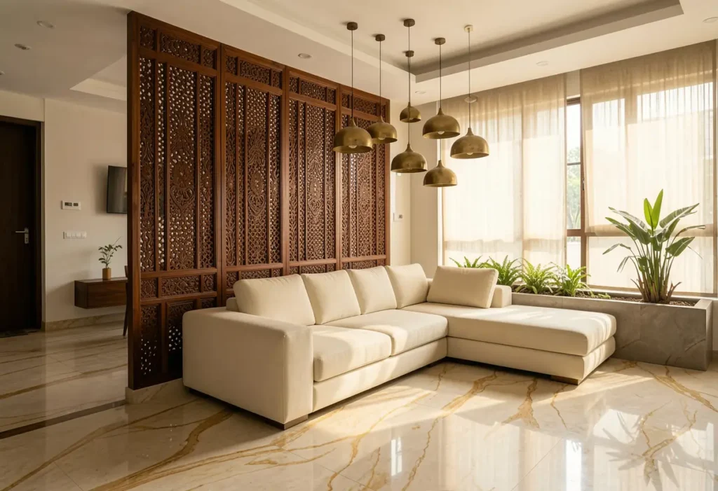 Indo-contemporary luxury interior design in a Bangalore villa living room