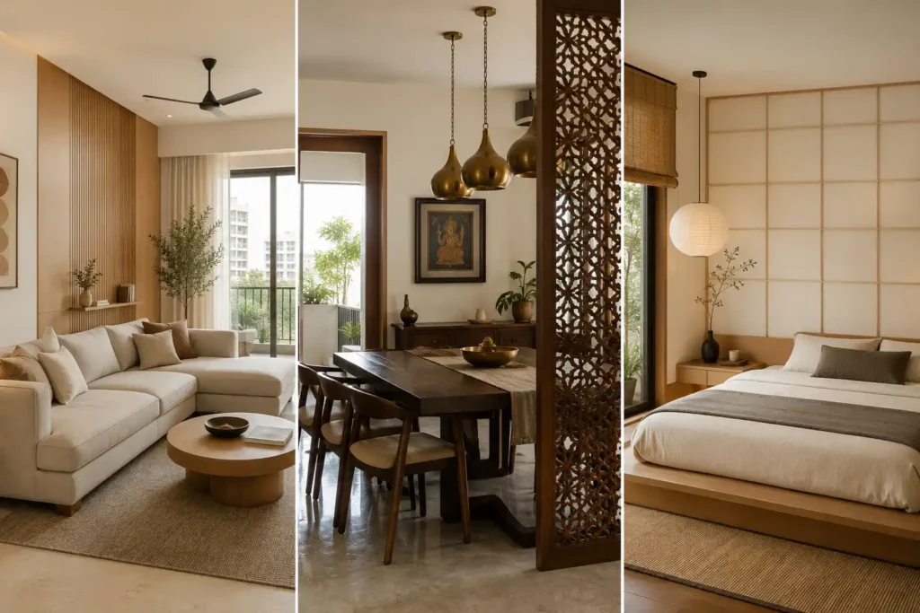 Warm minimalist, Indo-contemporary and Japandi interior design styles for Bangalore homes shown side by side by Elegante Interiors