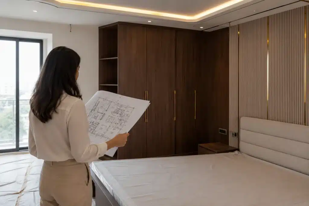 Interior designer reviewing luxury bedroom project drawings at Bangalore apartment site