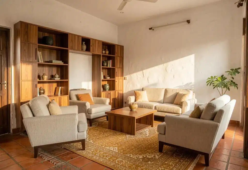 Heritage villa interior renovation in Jayanagar Bangalore by Elegante Interiors with Athangudi tiles and teak veneer
