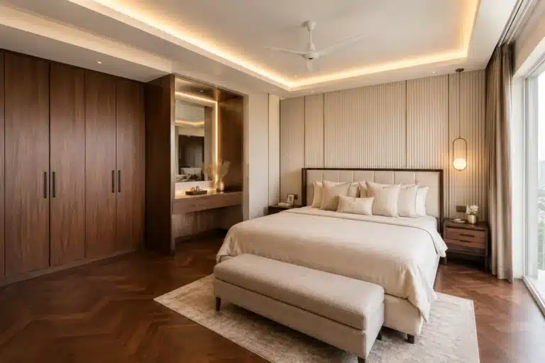 Luxury master bedroom interior design in Bangalore with custom wardrobe and cove lighting by Elegante Interiors