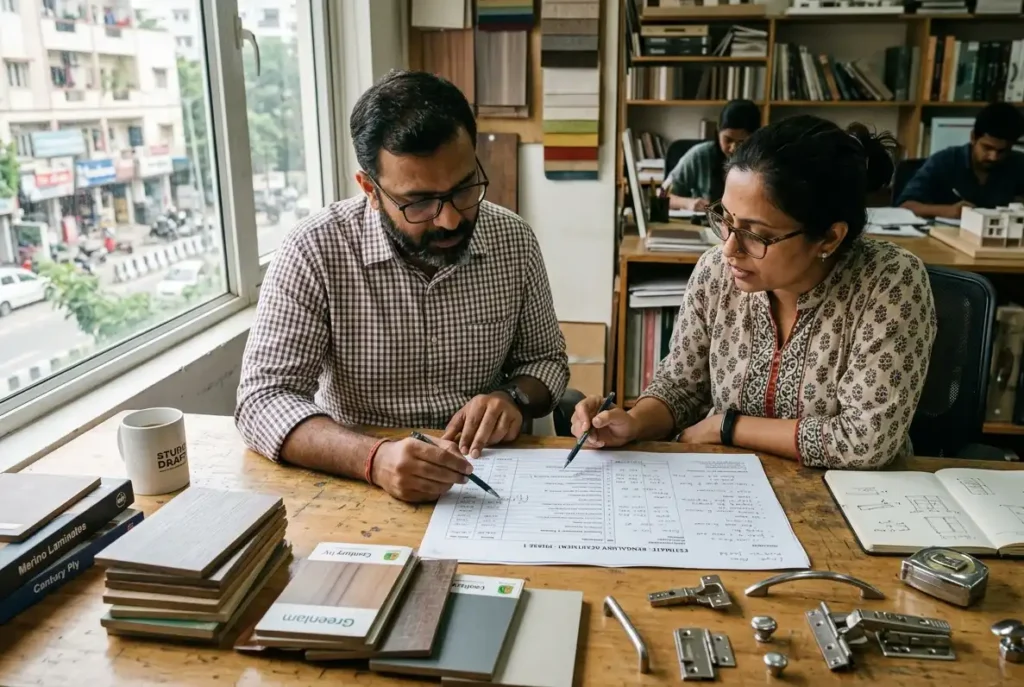 Homeowner and designer reviewing a luxury interior design cost breakdown in Bangalore