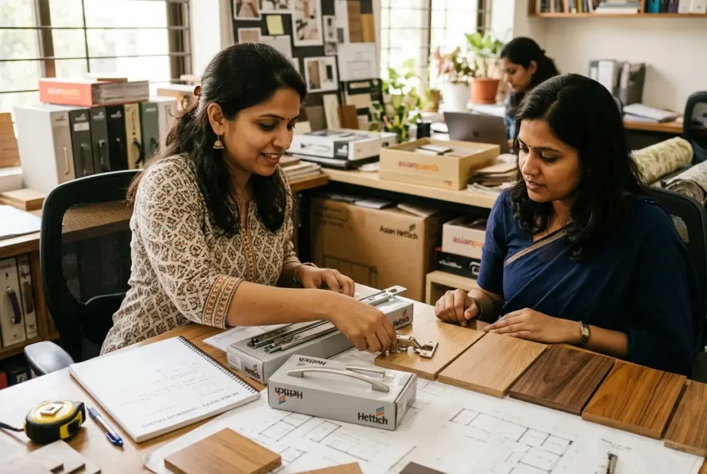 Interior designer in Bangalore showing material samples to a homeowner during consultation