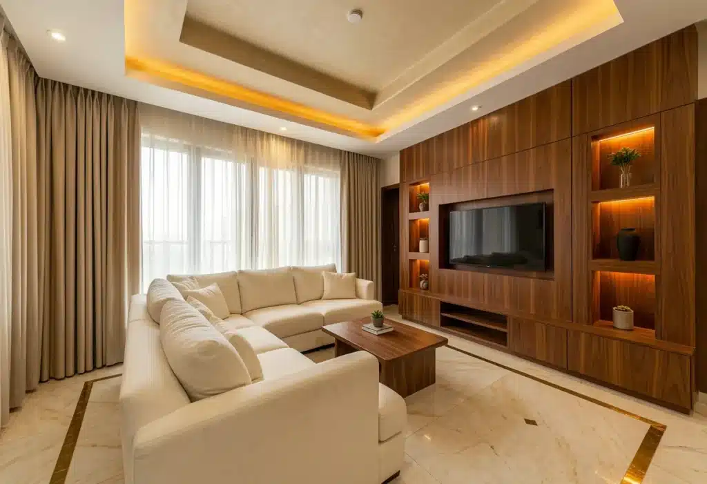 Luxury living room interior design cost in Bangalore 2026 package breakdown by Elegante Interiors 