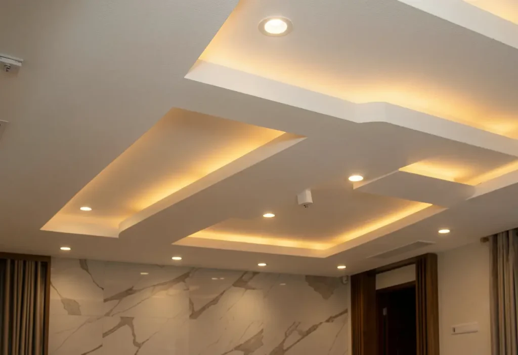 Luxury living room interior design with false ceiling and cove lighting in Bangalore 3BHK by Elegante Interiors 