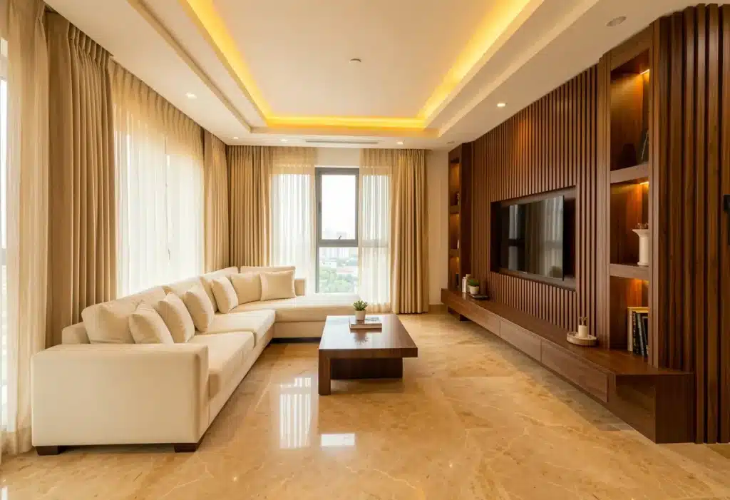 Luxury living room interior design in Bangalore with cove ceiling, marble flooring and custom TV unit by Elegante Interiors