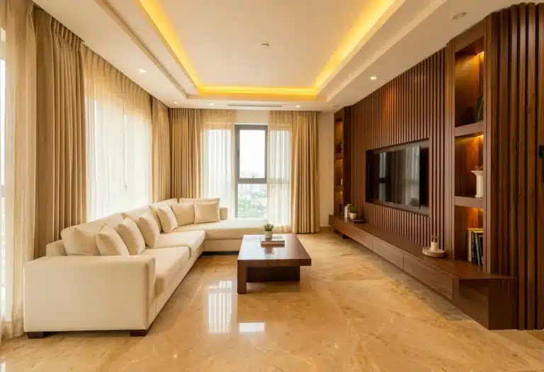 Luxury living room interior design in Bangalore with cove ceiling, marble flooring and custom TV unit by Elegante Interiors