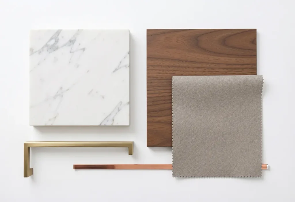 Premium materials for luxury living room design in Bangalore — Italian marble, walnut veneer, brass hardware and textured fabric 