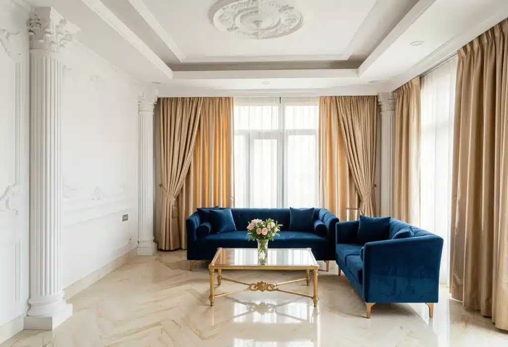 Top luxury living room interior design styles in Bangalore including neo-classical and contemporary by Elegante Interiors 