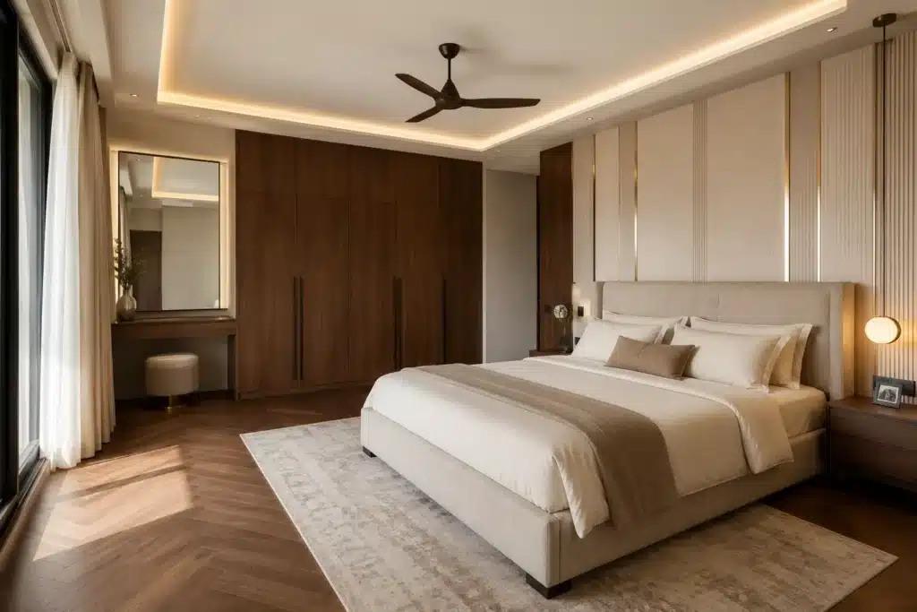 Luxury master bedroom interior design in Bangalore with cove ceiling and custom wardrobe by Elegante Interiors