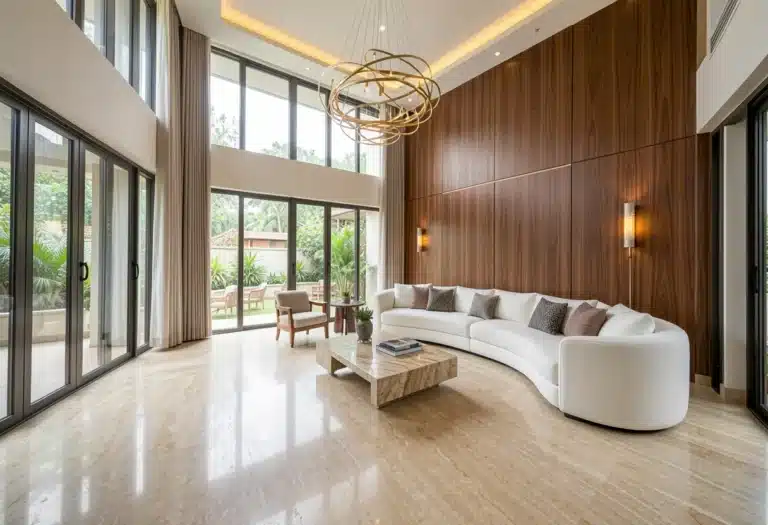 Luxury villa interior design in Bangalore by Elegante Interiors featuring marble flooring and custom furniture