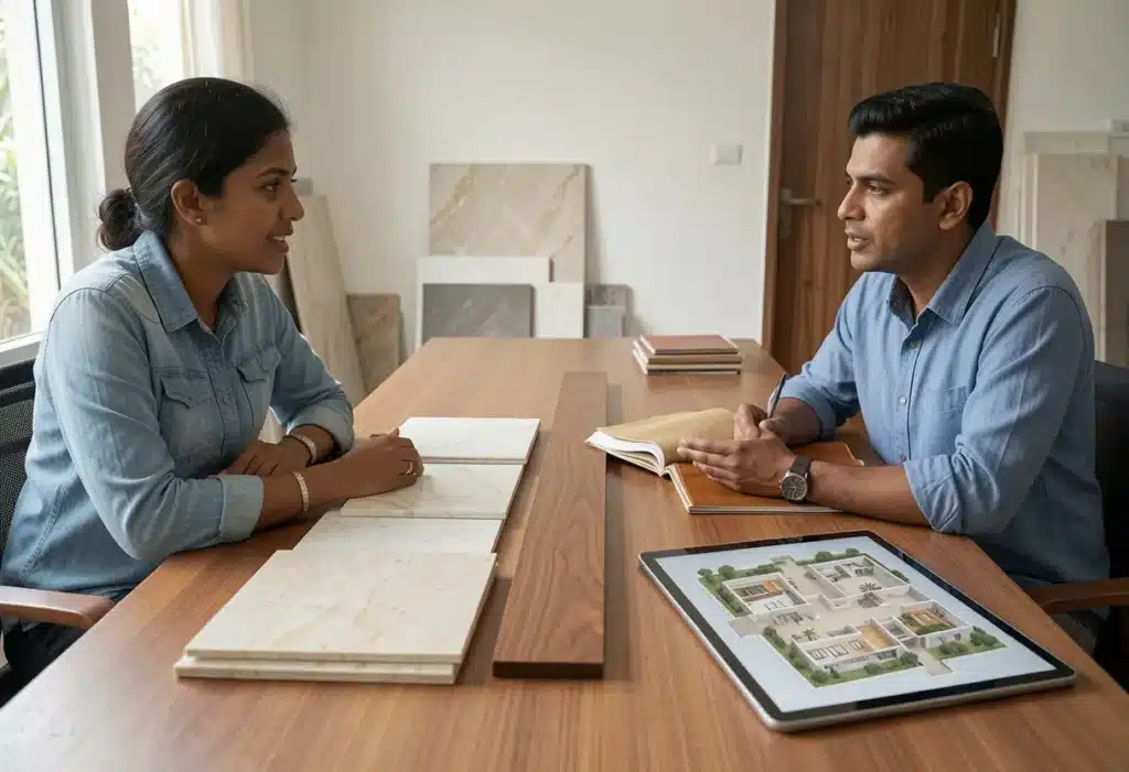 Villa interior design consultation with material samples at Elegante Interiors Bangalore