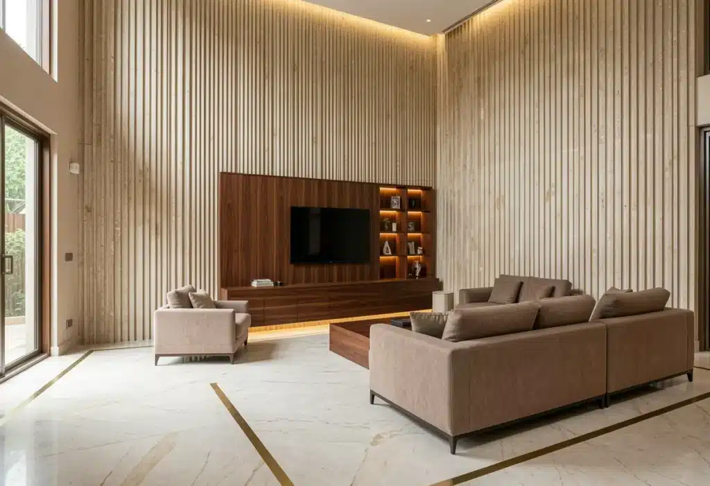 Luxury villa living room in Bangalore with double-height stone wall and Statuario marble flooring by Elegante Interiors