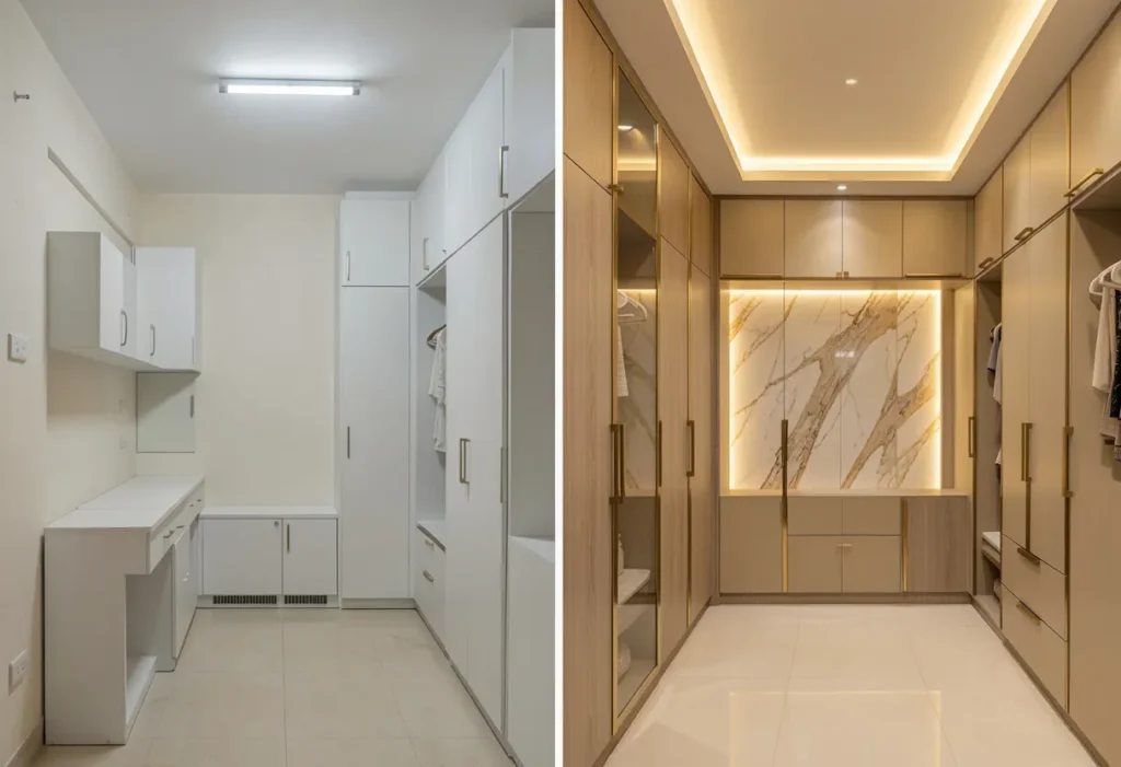 Side-by-side comparison of standard and luxury interior design in a Bangalore apartment