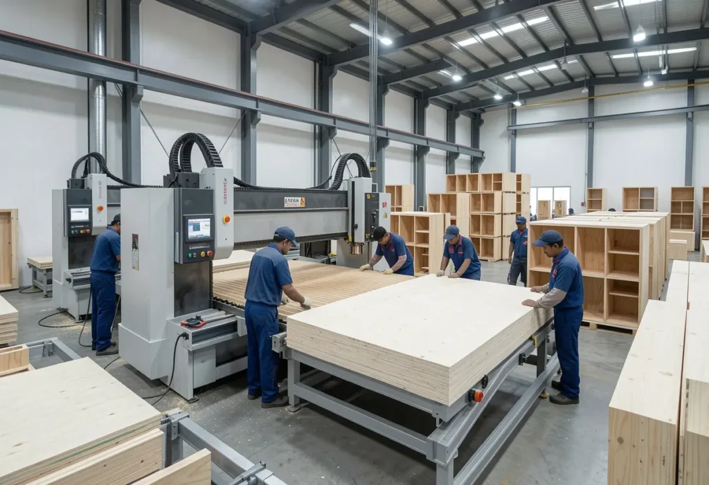 Inside a modular furniture manufacturing factory where kitchen cabinets and wardrobes are being precision-cut and assembled for turnkey interior projects