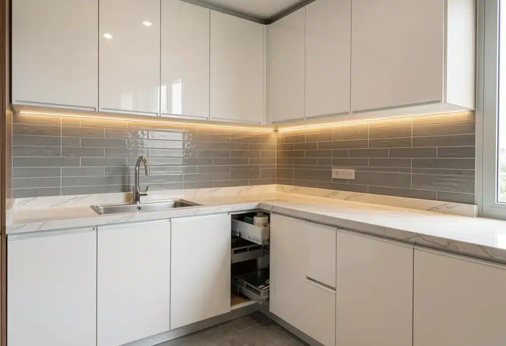 L-shaped modular kitchen interior design in Bangalore by Elegante Interiors with Calacatta quartz countertop, handleless shutters and Hettich drawer systems