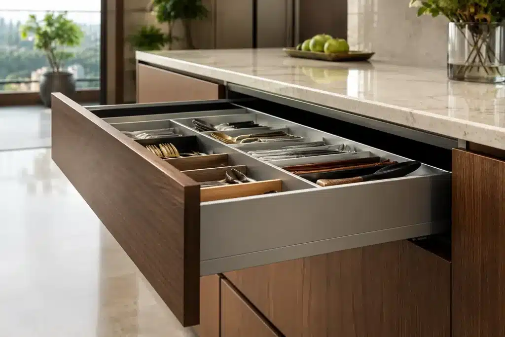 Premium modular kitchen drawer with soft-close hardware installed inside a marine-grade plywood cabinet in a modern Indian kitchen.