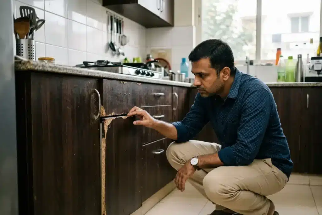 Homeowner examining poor quality cabinet finishing from a bad interior designer in Bangalore