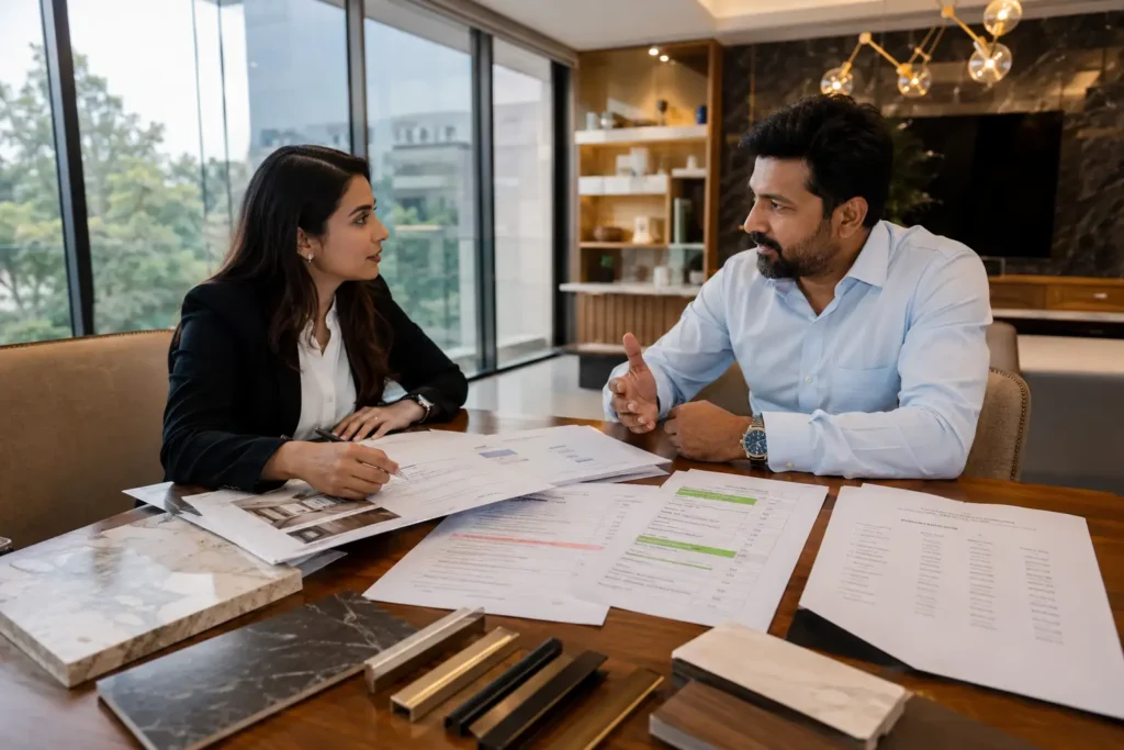 Homeowner reviewing interior design contract and BOQ with luxury interior designer in Bangalore before signing