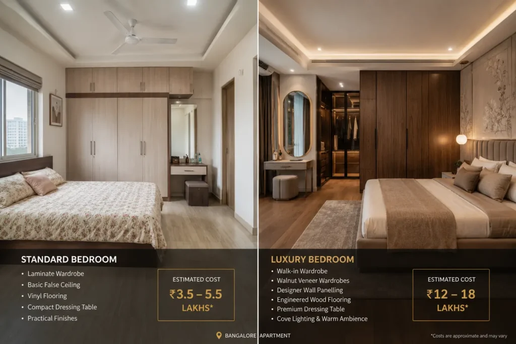 Standard vs luxury master bedroom interior comparison showing differences in wardrobe design, flooring, wall panels, and lighting.