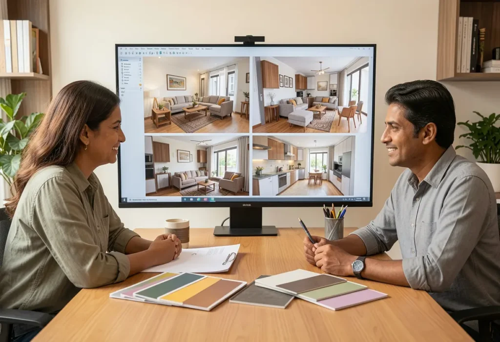 Interior designer reviewing 3D photorealistic renders of a Bangalore apartment on a large monitor during the design approval stage