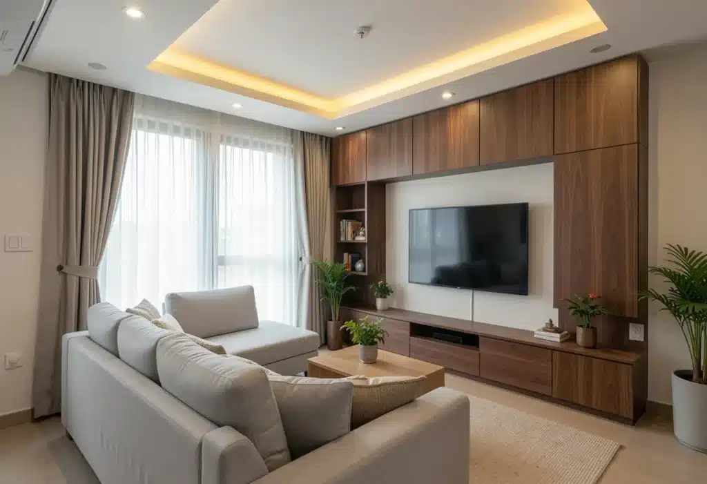 Finished turnkey interior design of a modern Bangalore living room with modular furniture, false ceiling with LED lighting, and warm ambient tones