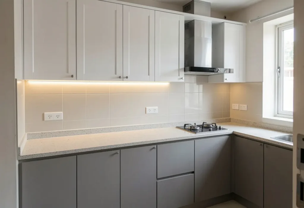 Modular kitchen with white cabinets, quartz countertop, and integrated appliances designed as part of a complete turnkey interior project in Bangalore