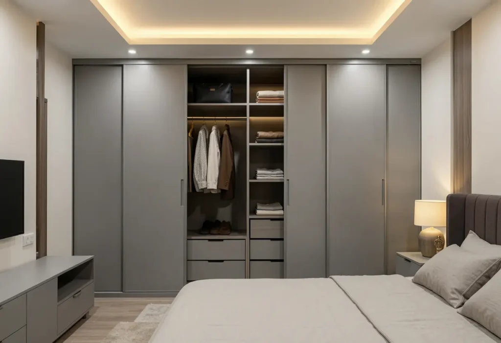 Floor-to-ceiling modular wardrobe with sliding doors and internal storage organisation installed as part of a turnkey interior design project in a Bangalore bedroom