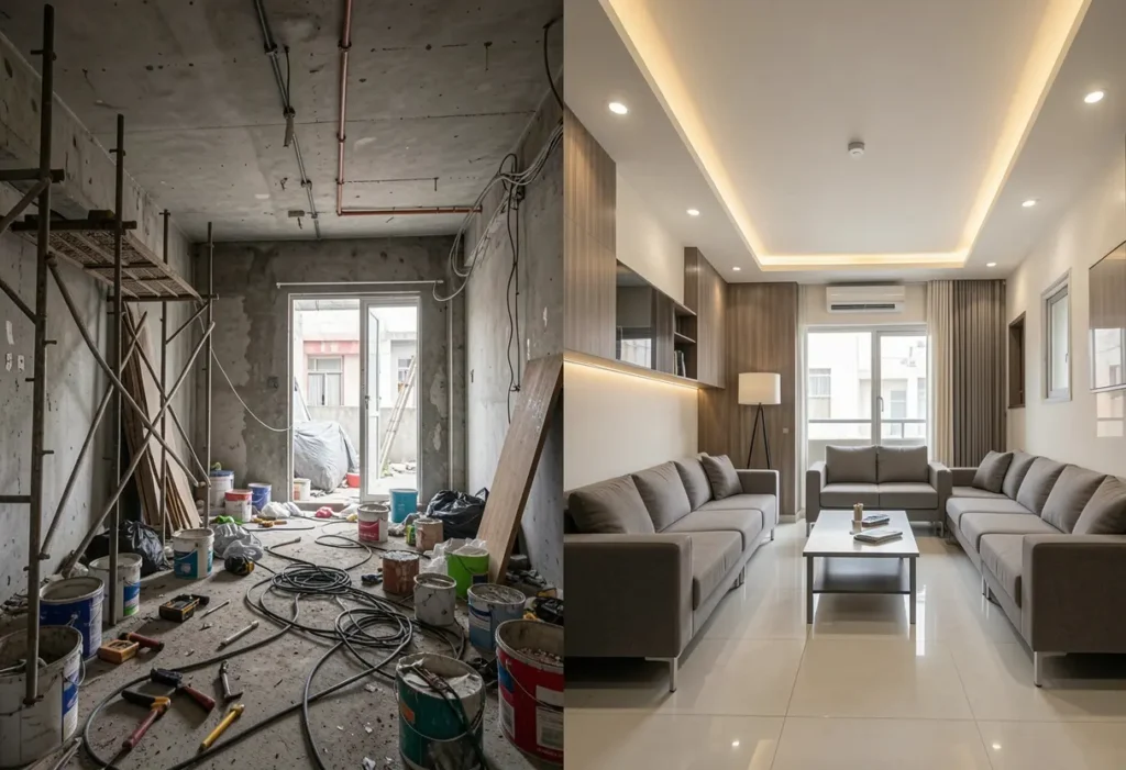 Split comparison showing a chaotic construction site with multiple contractors on the left versus a clean finished apartment interior on the right, illustrating the difference between piecemeal and turnkey interior design