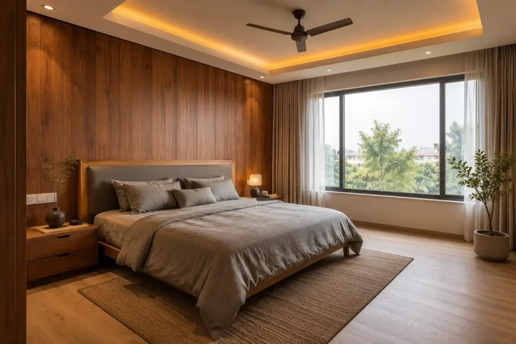 Vastu-compliant master bedroom by Elegante Interiors in Bangalore apartment with southwest bed placement, teak headboard and warm cove lighting